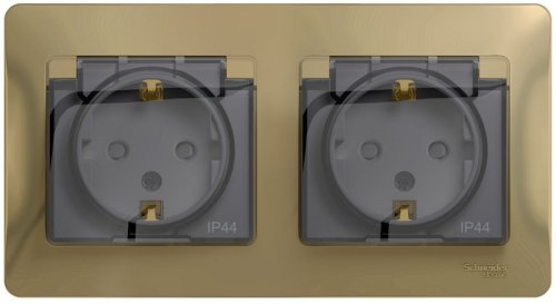 Розетка с заземлением с рамкой Systeme Electric Glossa 2-м. крышка шторки IP44 титан картинка